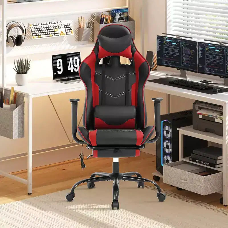 Chaise de bureau gamer avec fonction de massage, support lombaire en cuir PU pour adulte