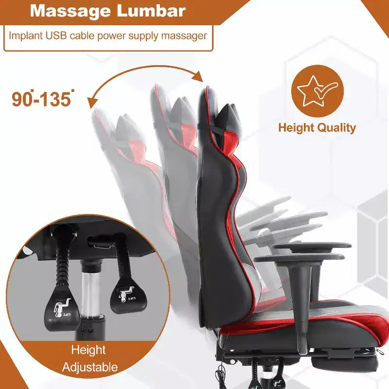 Chaise de bureau gamer avec fonction de massage, support lombaire en cuir PU pour adulte