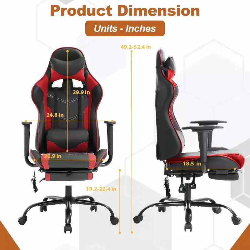 Chaise de bureau gamer avec fonction de massage, support lombaire en cuir PU pour adulte