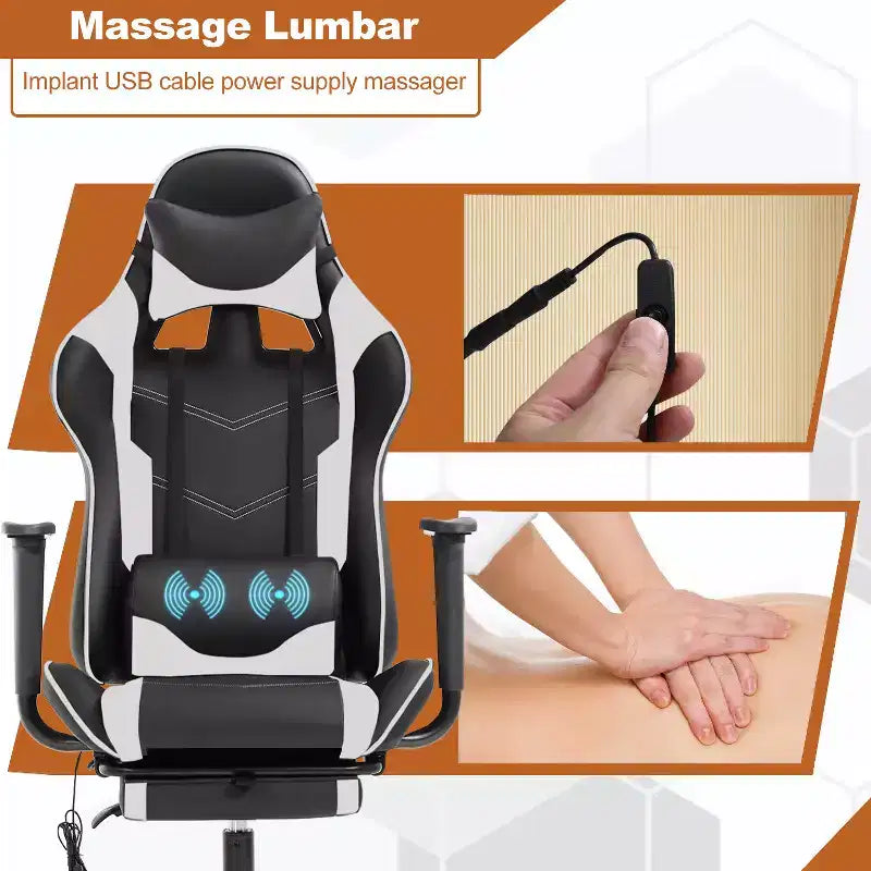 Chaise de bureau gamer avec fonction de massage, support lombaire en cuir PU pour adulte