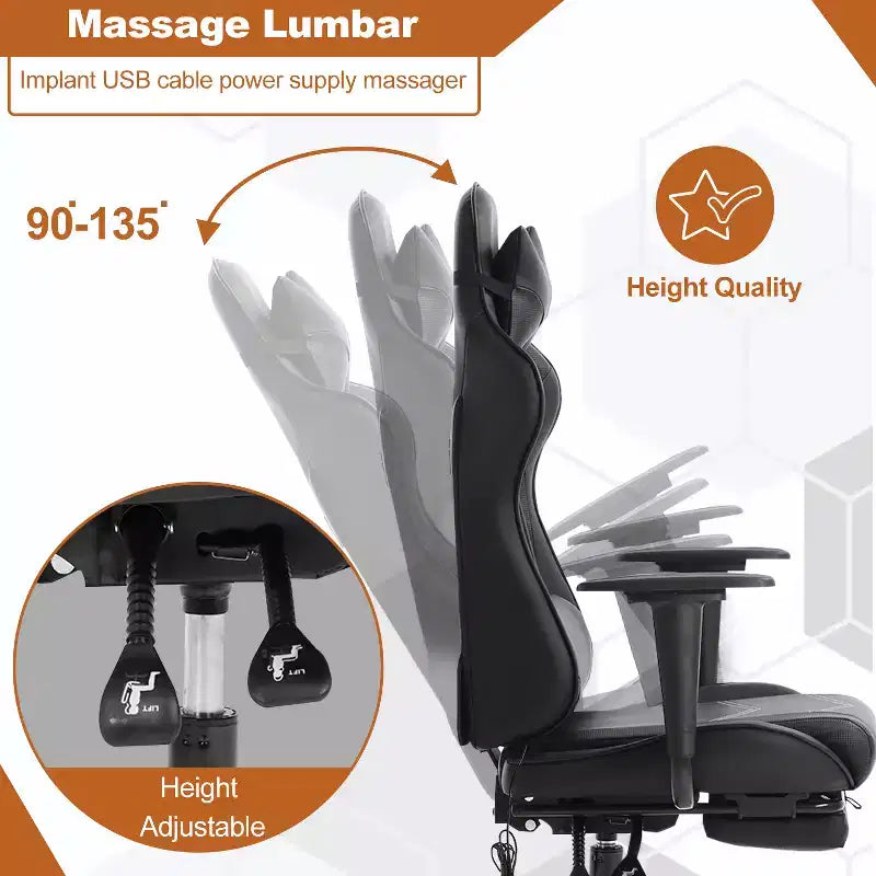 Chaise de bureau gamer avec fonction de massage, support lombaire en cuir PU pour adulte