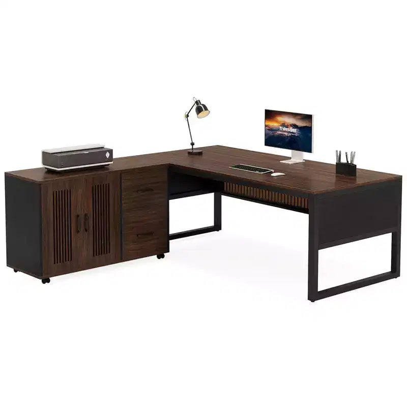 Lantine 63-Inch L-Shaped Executive Desk, Modern Large Computer Desk with Mobile File Cabinet for Home Office