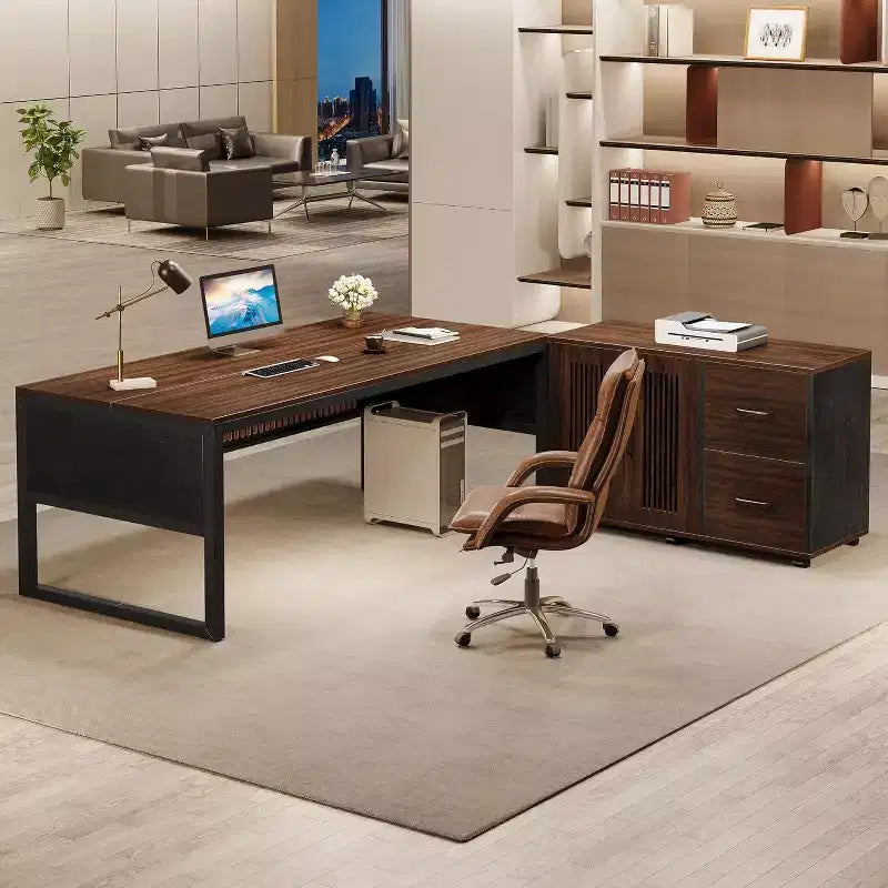 Bureau de direction en L de 63 pouces, grand bureau informatique moderne avec classeur mobile pour le bureau à domicile