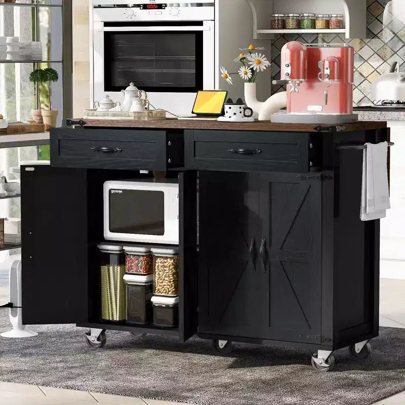 Farmhouse Rolling Kitchen Island with Power Outlet, Storage Rack, Drop Leaf, Spice Rack