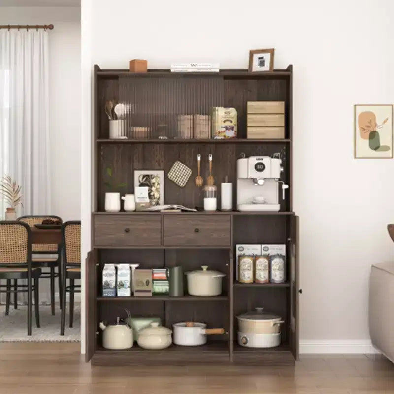 71 Tall Kitchen Pantry Storage Cabinet, Large Capacity Display Cabinet with Reeded Glass Doors and Microwave Stand, Bakers Racks with Storage