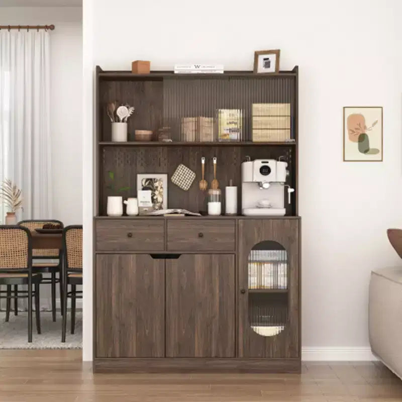 Grand buffet de cuisine de 180 cm de haut, meuble de rangement grande capacité avec portes en verre cannelé et support pour micro-ondes, étagères de boulanger avec rangement
