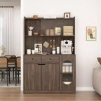 Grand buffet de cuisine de 180 cm de haut, meuble de rangement grande capacité avec portes en verre cannelé et support pour micro-ondes, étagères de boulanger avec rangement