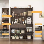 Grand buffet de cuisine de 180 cm de haut, meuble de rangement grande capacité avec portes en verre cannelé et support pour micro-ondes, étagères de boulanger avec rangement