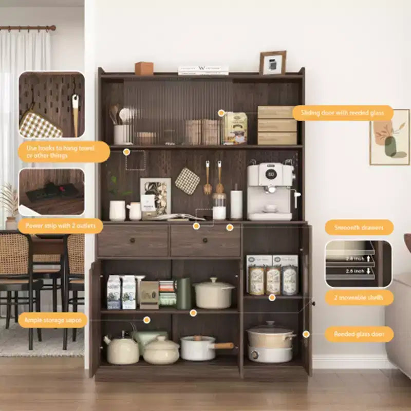 Grand buffet de cuisine de 180 cm de haut, meuble de rangement grande capacité avec portes en verre cannelé et support pour micro-ondes, étagères de boulanger avec rangement
