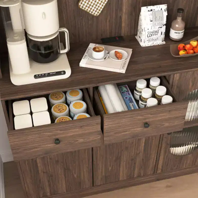 Grand buffet de cuisine de 180 cm de haut, meuble de rangement grande capacité avec portes en verre cannelé et support pour micro-ondes, étagères de boulanger avec rangement