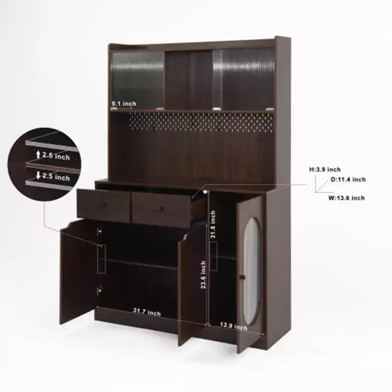 Grand buffet de cuisine de 180 cm de haut, meuble de rangement grande capacité avec portes en verre cannelé et support pour micro-ondes, étagères de boulanger avec rangement
