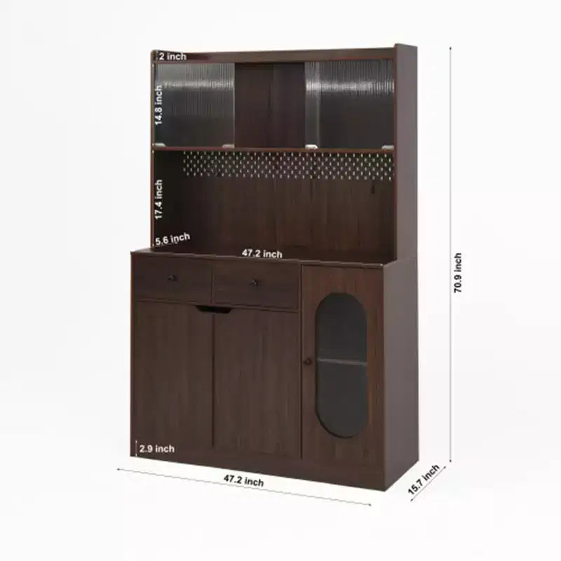 Grand buffet de cuisine de 180 cm de haut, meuble de rangement grande capacité avec portes en verre cannelé et support pour micro-ondes, étagères de boulanger avec rangement