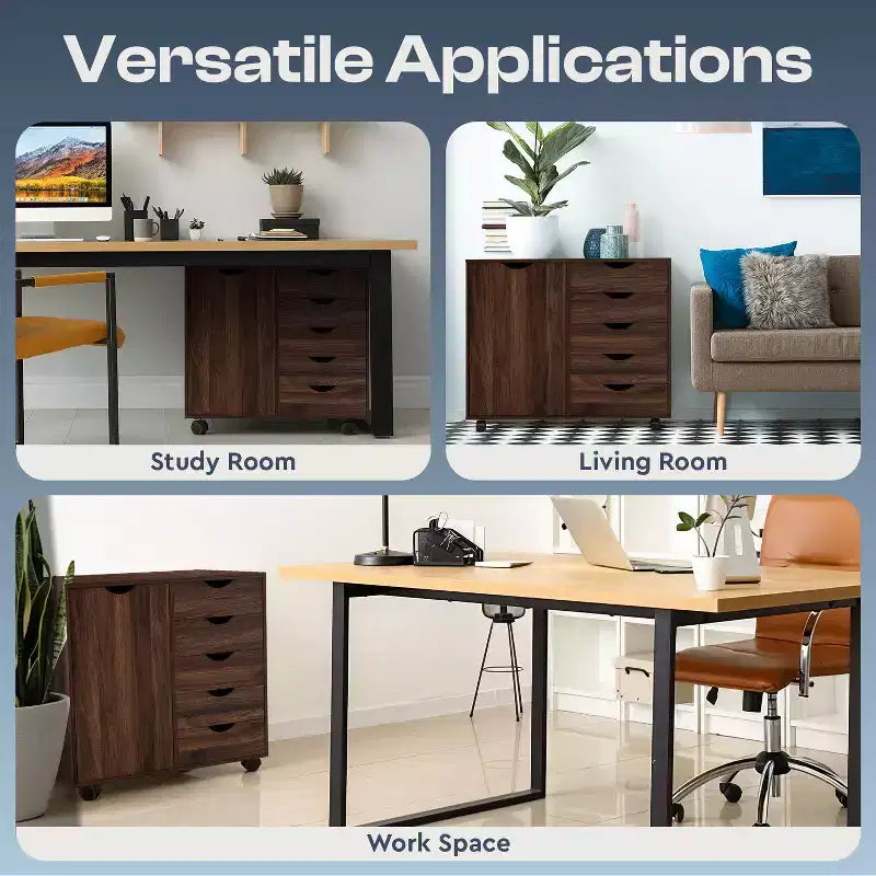 Classeur de bureau à 5 tiroirs avec étagères, classeurs en bois pour le bureau à domicile, classeur mobile latéral.
