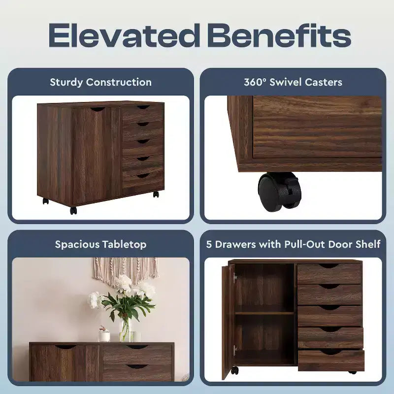 Classeur de bureau à 5 tiroirs avec étagères, classeurs en bois pour le bureau à domicile, classeur mobile latéral.