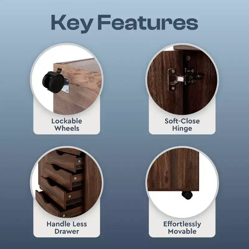 Classeur de bureau à 5 tiroirs avec étagères, classeurs en bois pour le bureau à domicile, classeur mobile latéral.