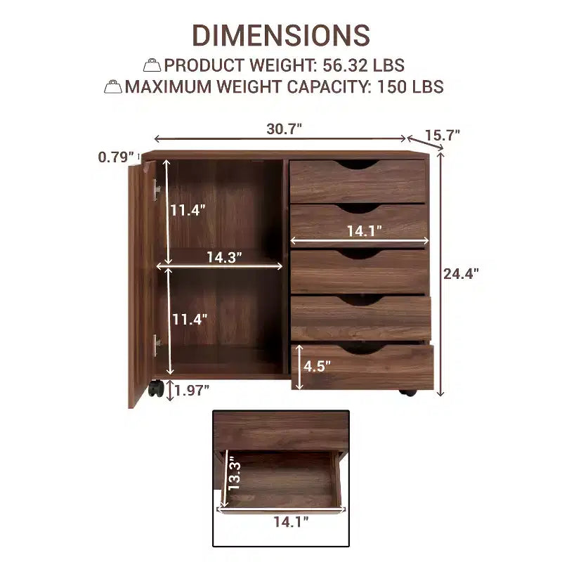 Classeur de bureau à 5 tiroirs avec étagères, classeurs en bois pour le bureau à domicile, classeur mobile latéral.