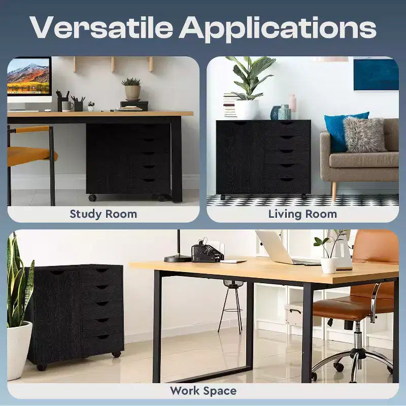 Classeur de bureau à 5 tiroirs avec étagères, classeurs en bois pour le bureau à domicile, classeur mobile latéral.