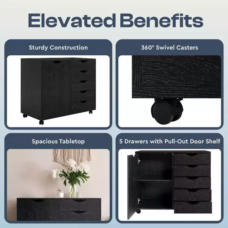 Classeur de bureau à 5 tiroirs avec étagères, classeurs en bois pour le bureau à domicile, classeur mobile latéral.