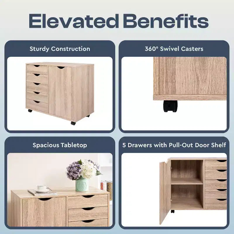 Classeur de bureau à 5 tiroirs avec étagères, classeurs en bois pour le bureau à domicile, classeur mobile latéral.