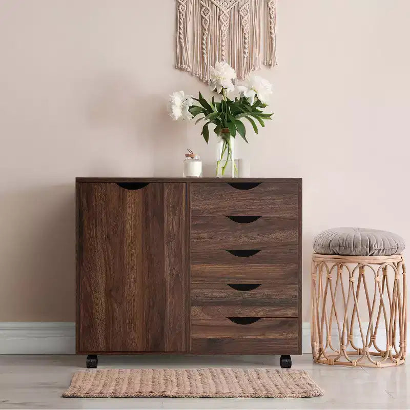 Classeur de bureau à 5 tiroirs avec étagères, classeurs en bois pour le bureau à domicile, classeur mobile latéral.