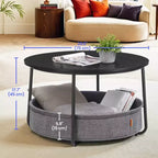 Table basse ronde avec cadre métallique, table basse de style moderne pour salon avec rangement et panier en tissu