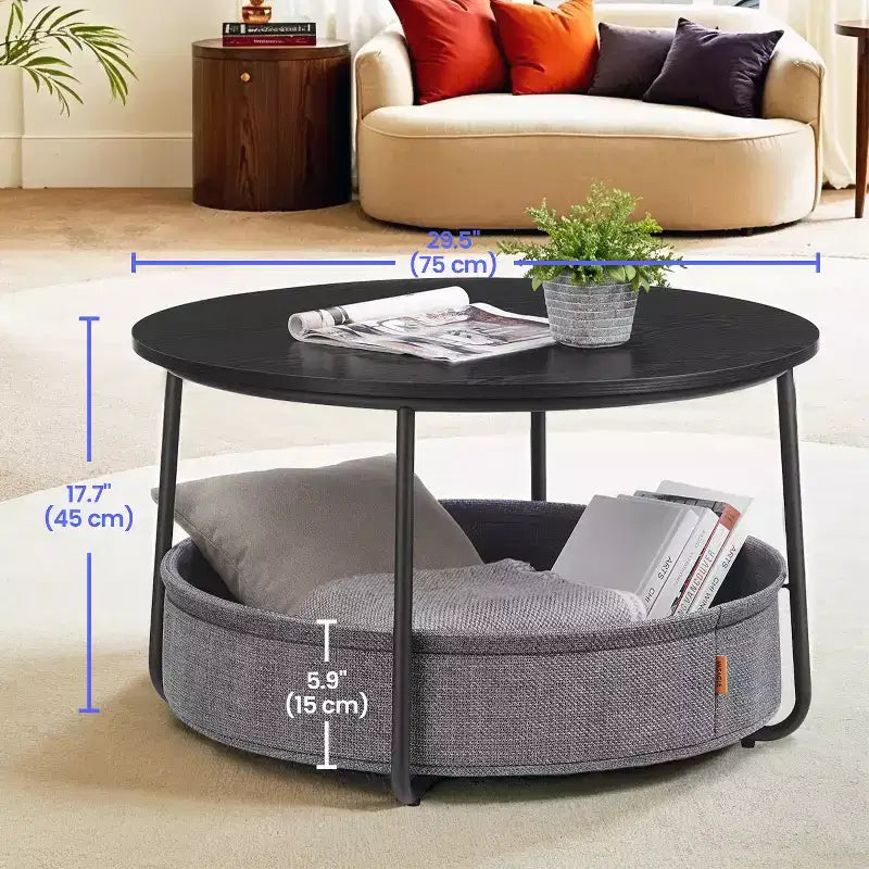 Table basse ronde avec cadre métallique, table basse de style moderne pour salon avec rangement et panier en tissu