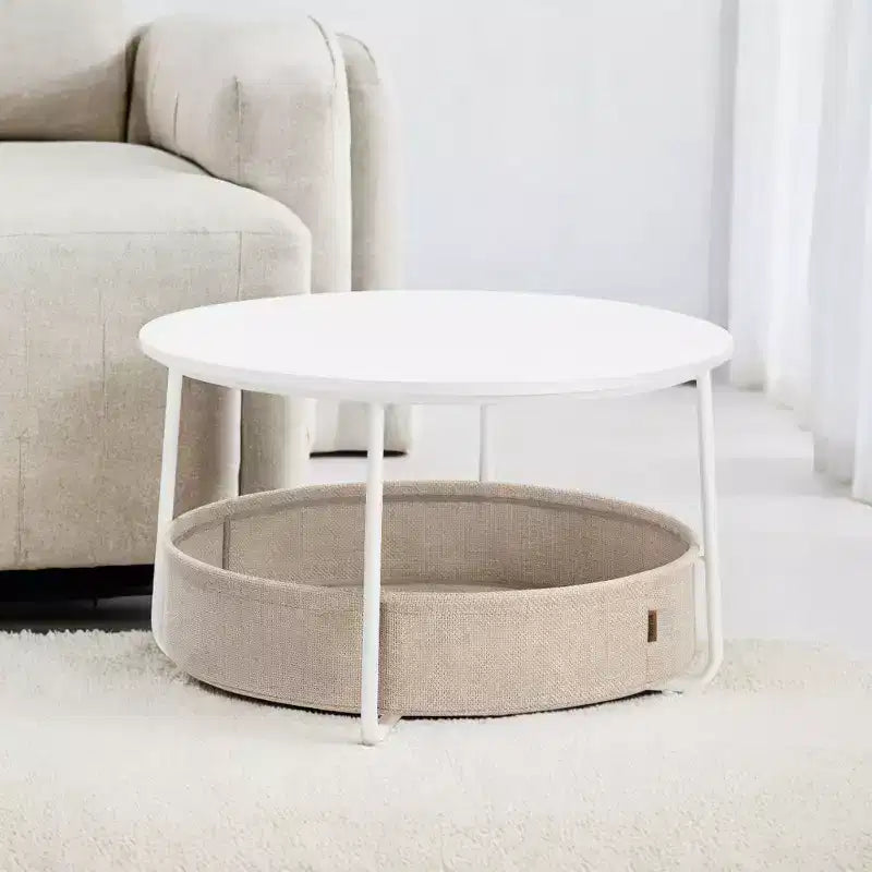 Table basse ronde avec cadre métallique, table basse de style moderne pour salon avec rangement et panier en tissu