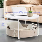 Table basse ronde avec cadre métallique, table basse de style moderne pour salon avec rangement et panier en tissu