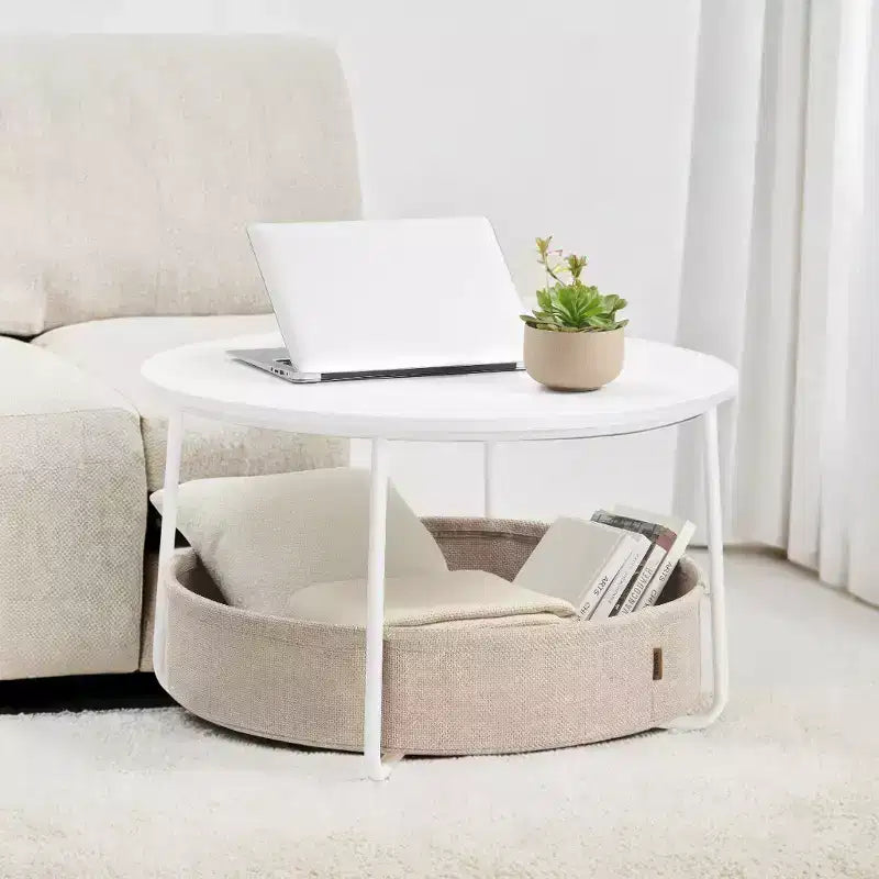 Table basse ronde avec cadre métallique, table basse de style moderne pour salon avec rangement et panier en tissu