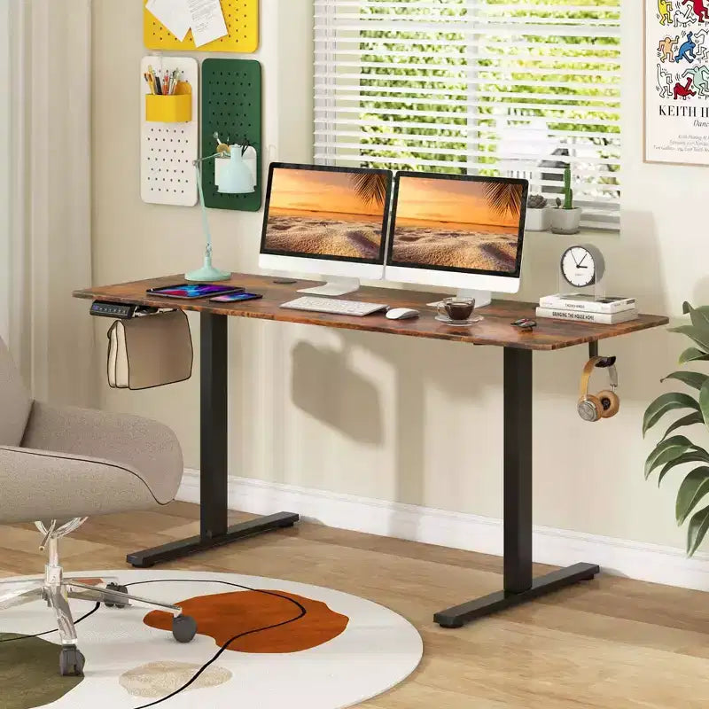 Bureau assis-debout 63 x 24 pouces, réglable en hauteur, électrique, couleur bois/marron/blanc