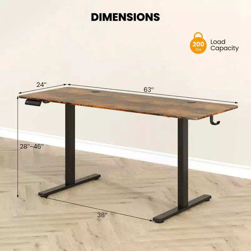 Bureau assis-debout 63 x 24 pouces, réglable en hauteur, électrique, couleur bois/marron/blanc