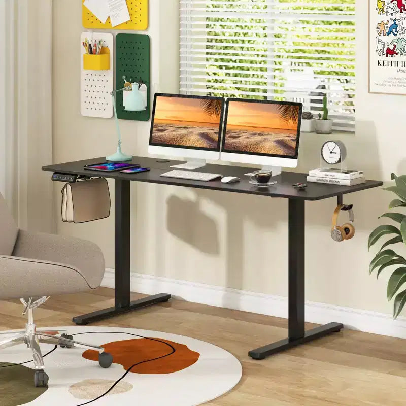 Bureau assis-debout 63 x 24 pouces, réglable en hauteur, électrique, couleur bois/marron/blanc