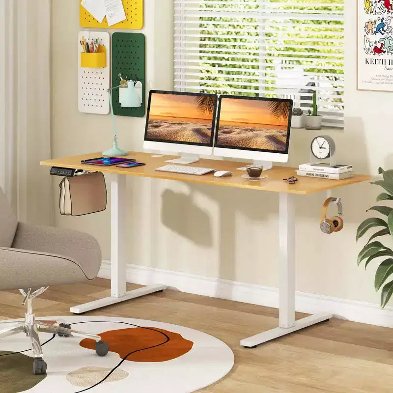 Bureau assis-debout 63 x 24 pouces, réglable en hauteur, électrique, couleur bois/marron/blanc