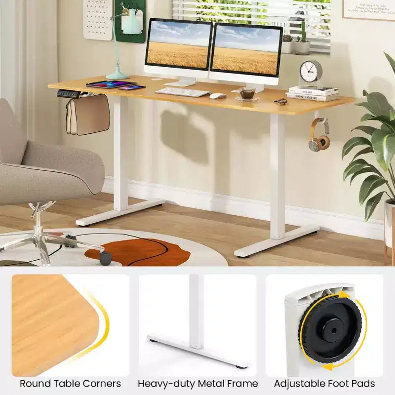 Bureau assis-debout 63 x 24 pouces, réglable en hauteur, électrique, couleur bois/marron/blanc