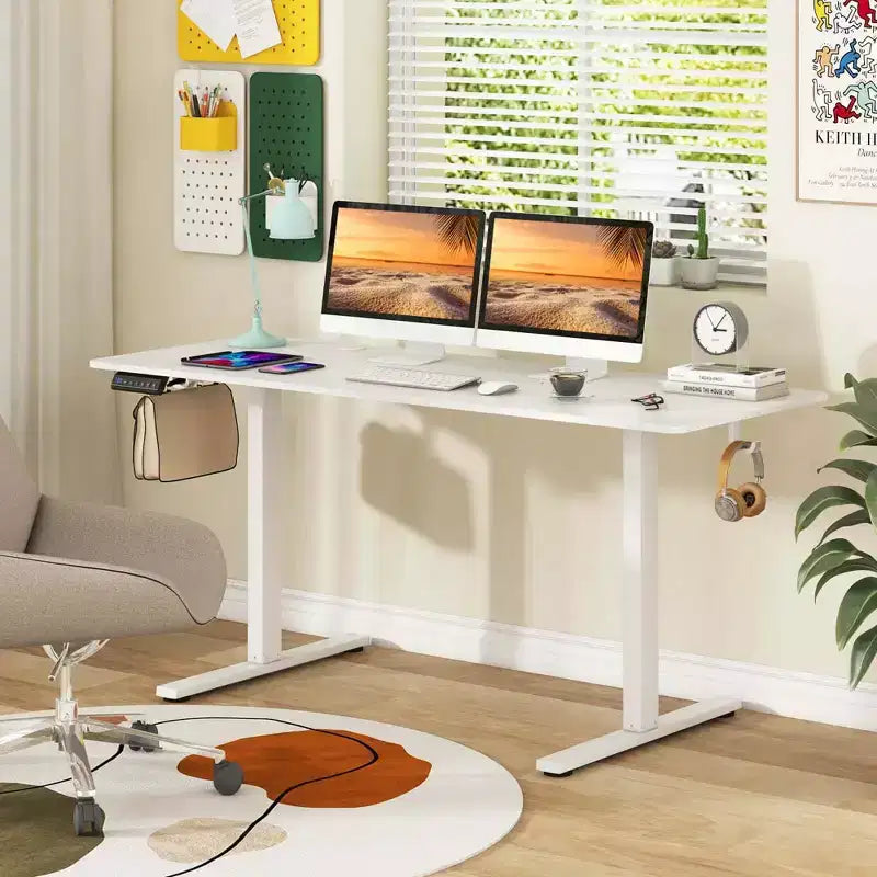 Bureau assis-debout 63 x 24 pouces, réglable en hauteur, électrique, couleur bois/marron/blanc