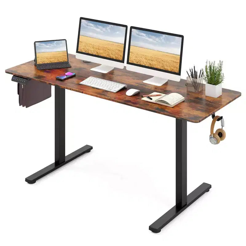 Bureau assis-debout 63 x 24 pouces, réglable en hauteur, électrique, couleur bois/marron/blanc