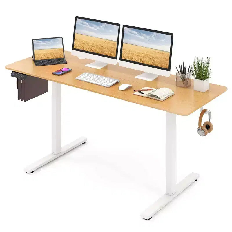 Bureau assis-debout 63 x 24 pouces, réglable en hauteur, électrique, couleur bois/marron/blanc