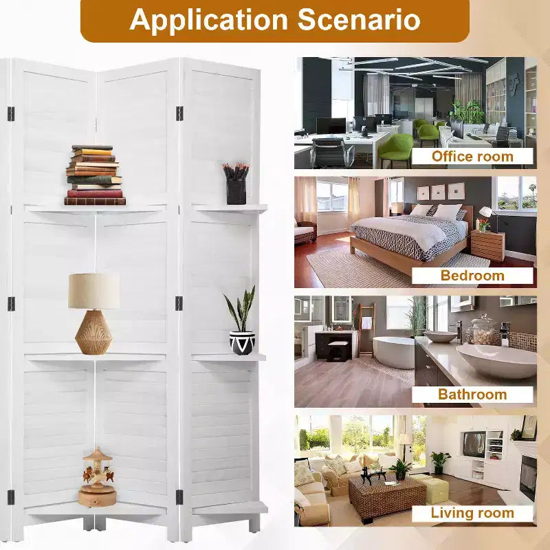 Paravent pliable à 4 panneaux en bois avec 3 étagères astucieuses – Séparateur de pièce portable pour la maison, le bureau ou le salon