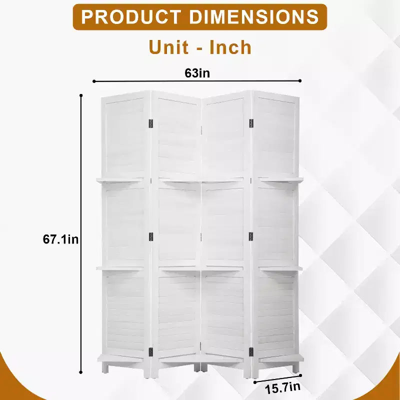 Paravent pliable à 4 panneaux en bois avec 3 étagères astucieuses – Séparateur de pièce portable pour la maison, le bureau ou le salon
