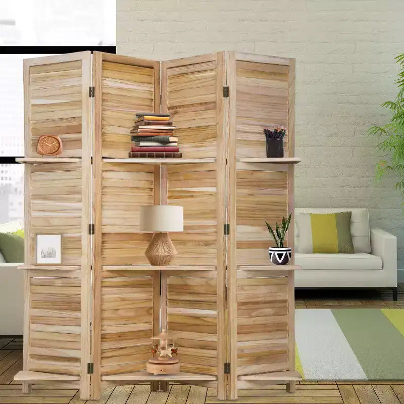 Paravent pliable à 4 panneaux en bois avec 3 étagères astucieuses – Séparateur de pièce portable pour la maison, le bureau ou le salon