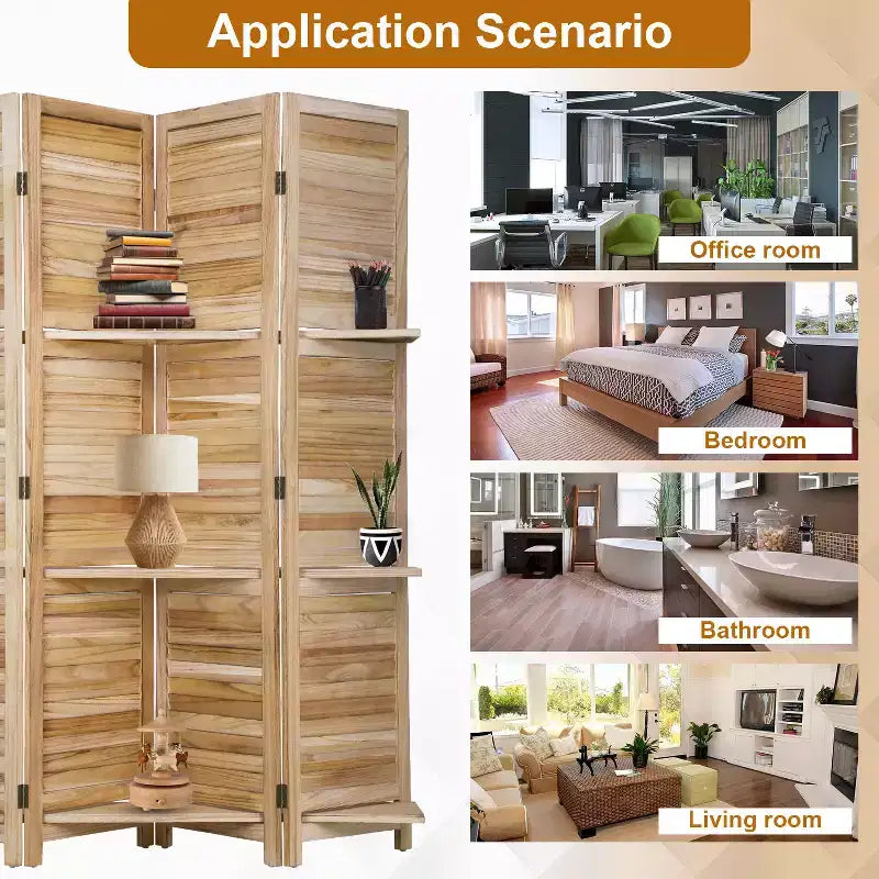 Paravent pliable à 4 panneaux en bois avec 3 étagères astucieuses – Séparateur de pièce portable pour la maison, le bureau ou le salon