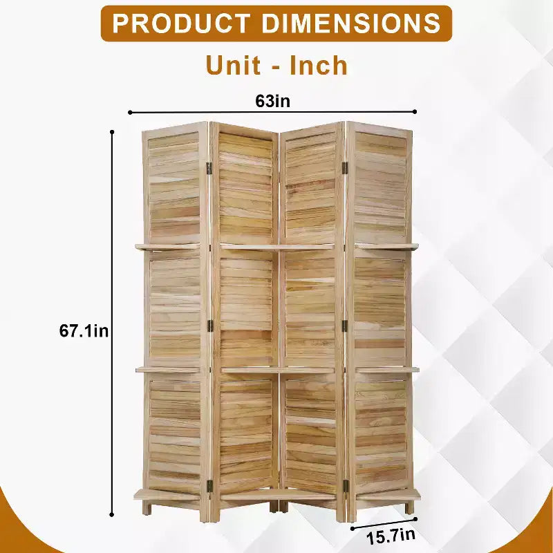 Paravent pliable à 4 panneaux en bois avec 3 étagères astucieuses – Séparateur de pièce portable pour la maison, le bureau ou le salon