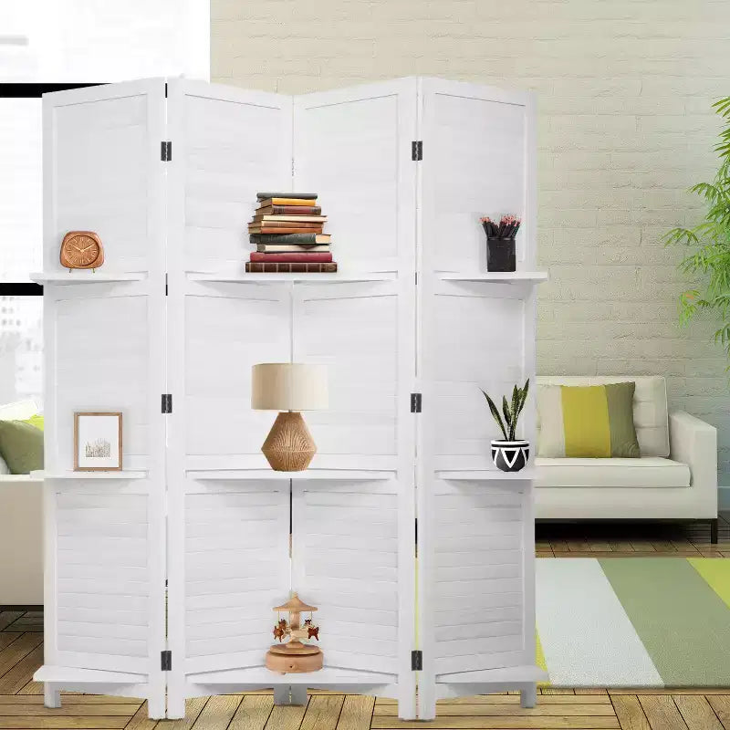 Paravent pliable à 4 panneaux en bois avec 3 étagères astucieuses – Séparateur de pièce portable pour la maison, le bureau ou le salon