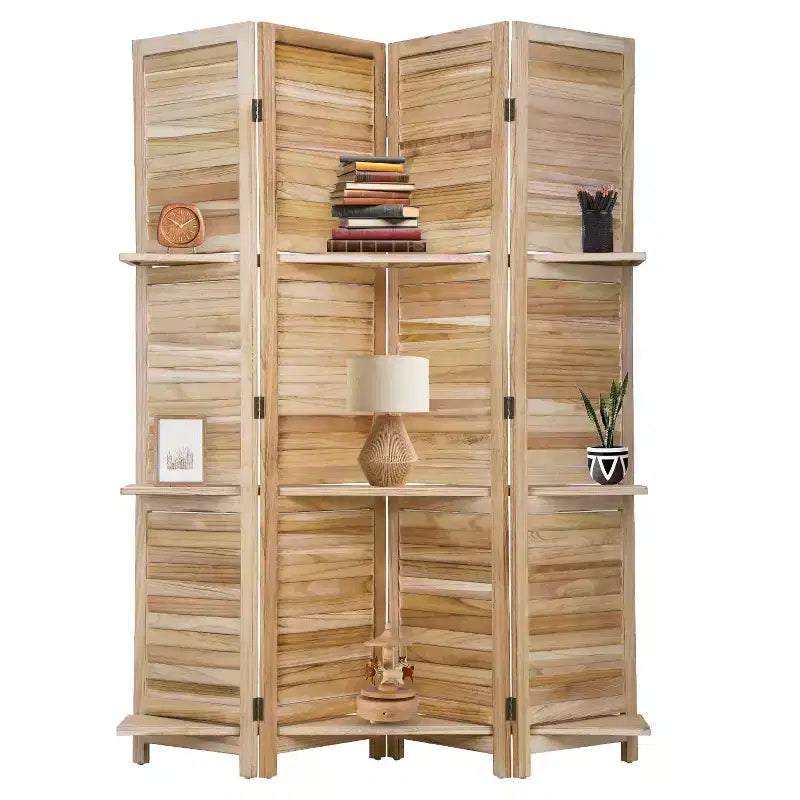 FDW Room Divider 4 Panel Folding Privacy Wooden Screen with 3 Clever Shelves Portable Partition for Home Office or Living Room