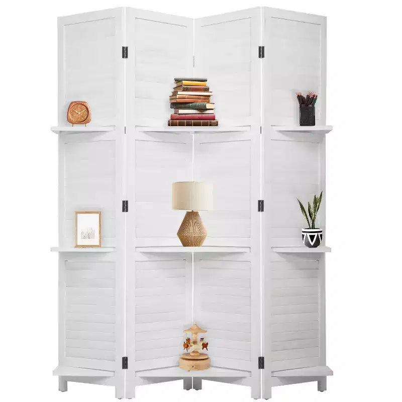 Paravent pliable à 4 panneaux en bois avec 3 étagères astucieuses – Séparateur de pièce portable pour la maison, le bureau ou le salon