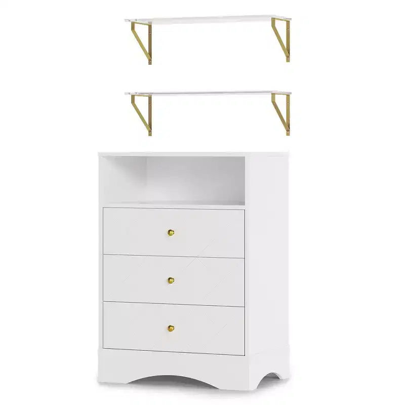 Commode avec tiroirs et étagères flottantes, commode à 3 tiroirs avec rangement ouvert et finition peinte, pour chambre, placard, couloir