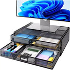 HUANUO 2-Tier Monitor Stand - Metal Riser with Drawer, Desk Organizer for PC, Laptop & Printer Storage, Stylish and Functional Design