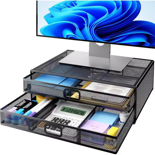 HUANUO 2-Tier Monitor Stand - Metal Riser with Drawer, Desk Organizer for PC, Laptop & Printer Storage, Stylish and Functional Design