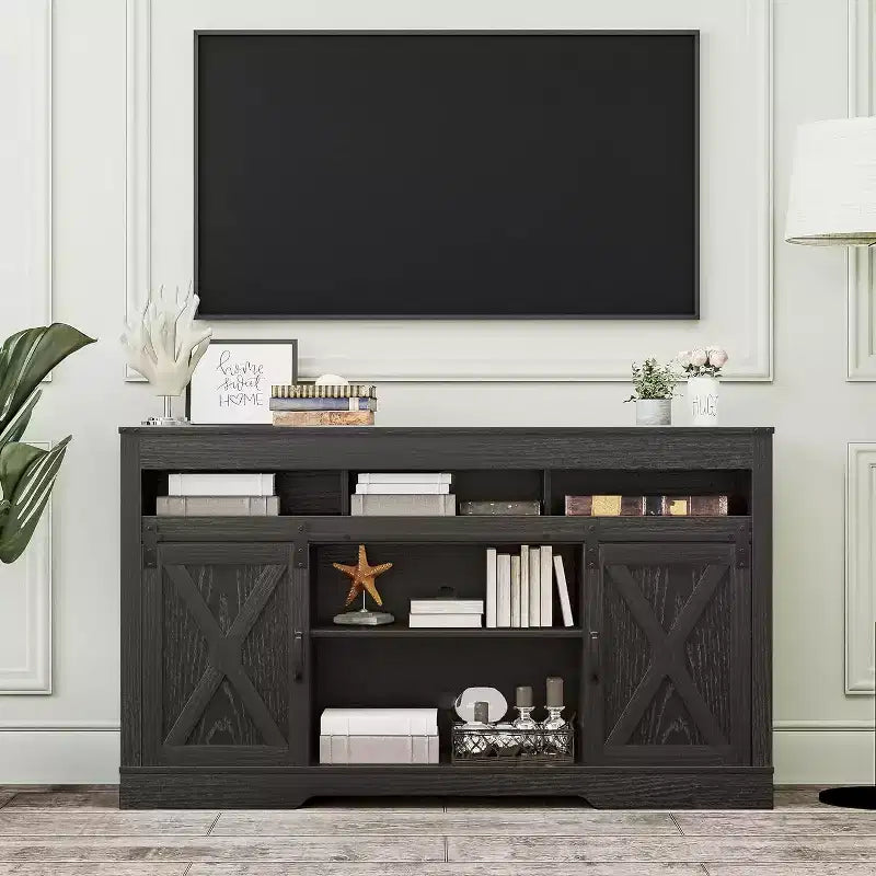 Heynemo Farmhouse TV Stand with Sliding Barn Door for TVs up to 65''+, 34 Tall Entertainment Center for Bedroom, Living Room