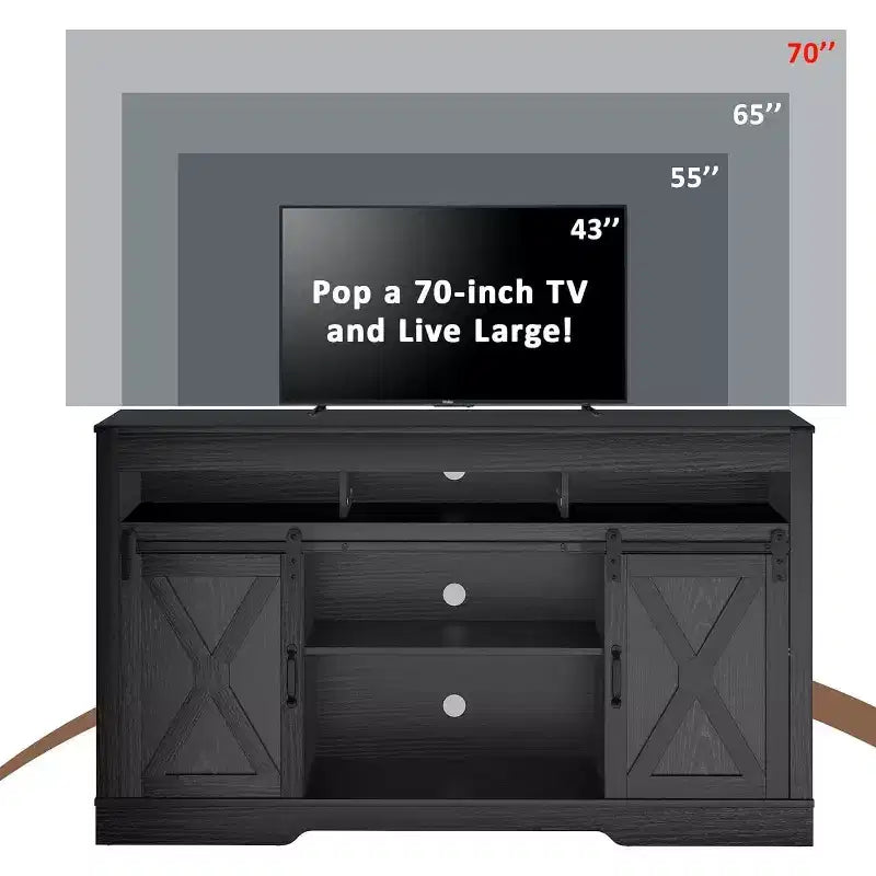 Meuble TV de style rustique avec porte de grange coulissante pour téléviseurs jusqu'à 65''+, meuble de divertissement de 86 cm de haut pour chambre, salon